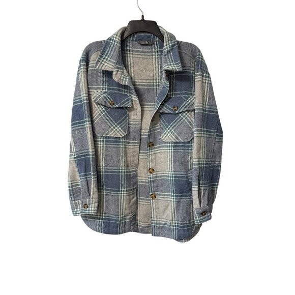 Womens Plaid Shacket Size M Blue Gray Button Up Coat Warm Cabincore Jacket - Picture 15 of 16